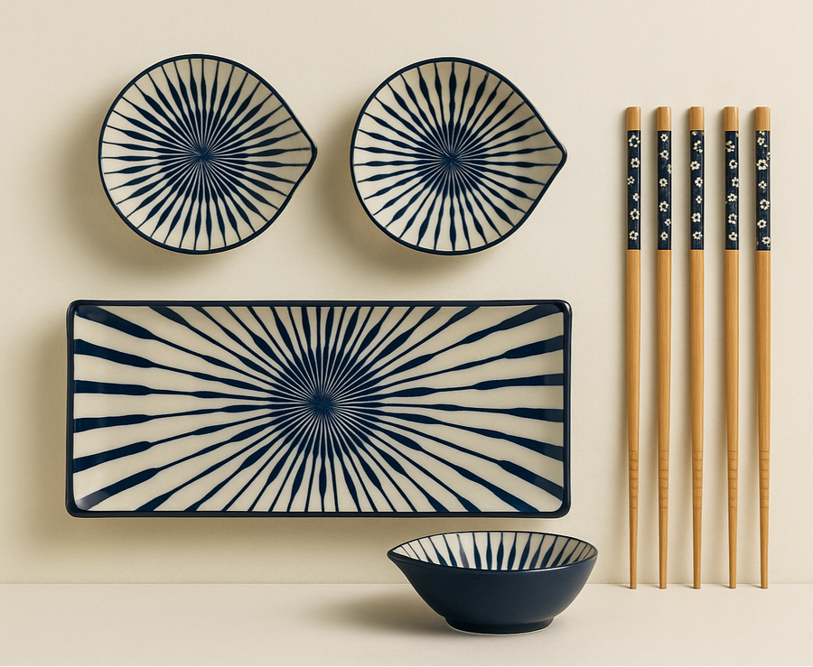 Japanese Dining Set – Ceramic Sushi Plate, 2 Dipping Bowls & 4 Chopsticks | Premium Gift Box