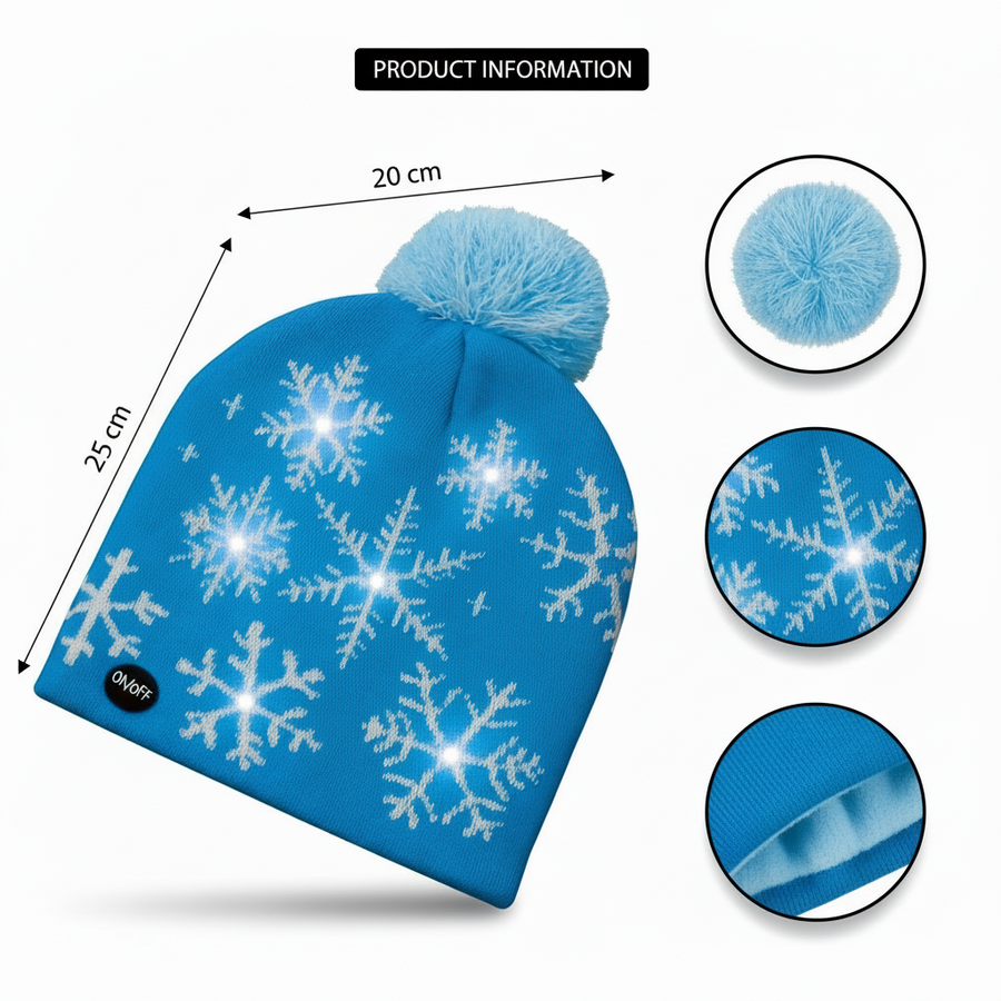 Coral Tree Snowflick Blue LED Wool Cap – 6 LEDs, 4 Light Modes, Winter Beanie, Unisex Free Size
