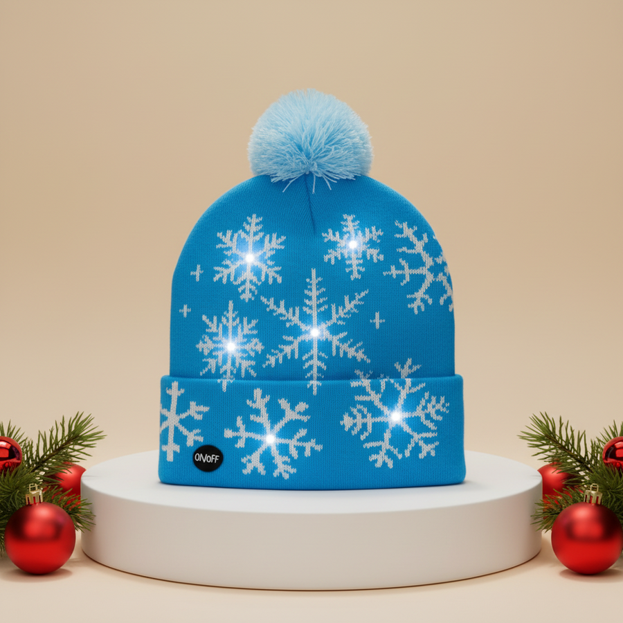 Coral Tree Snowflick Blue LED Wool Cap – 6 LEDs, 4 Light Modes, Winter Beanie, Unisex Free Size