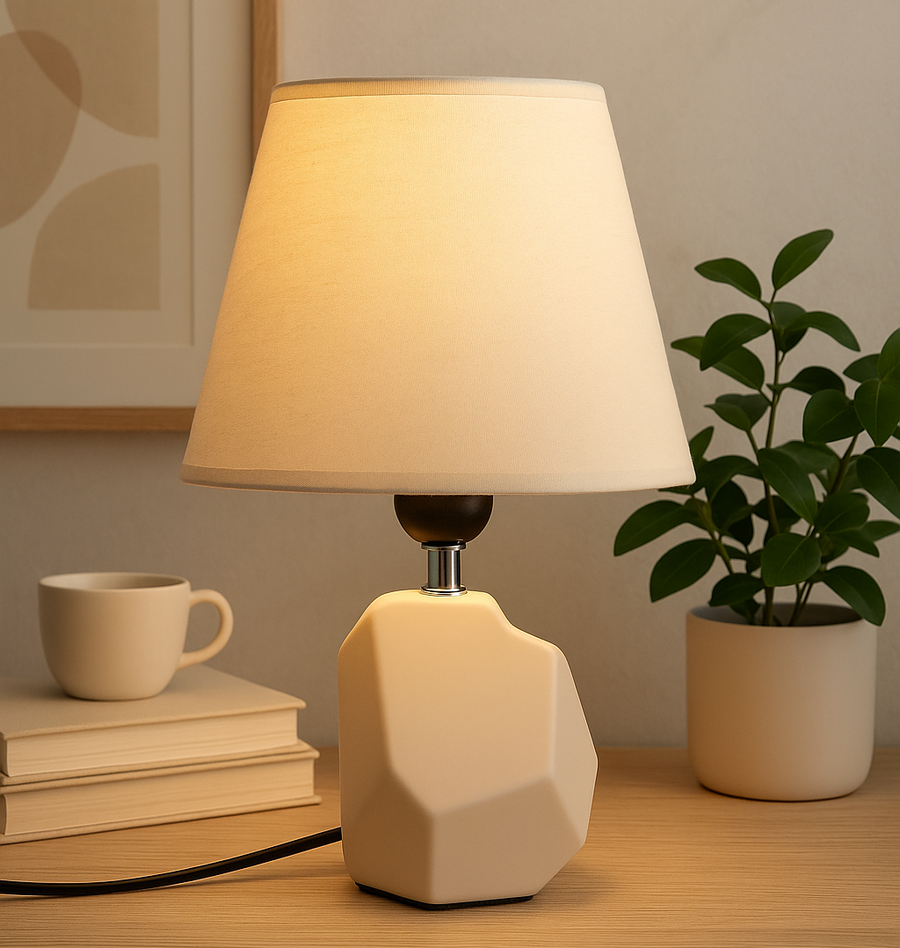 Modern Geometric Ceramic Table Lamp – Beige & Gray Finish with Off-White Shade