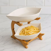 2-Tier Ceramic Serving Bowls with Wooden Stand | Snack & Salad Server | Modern Tableware