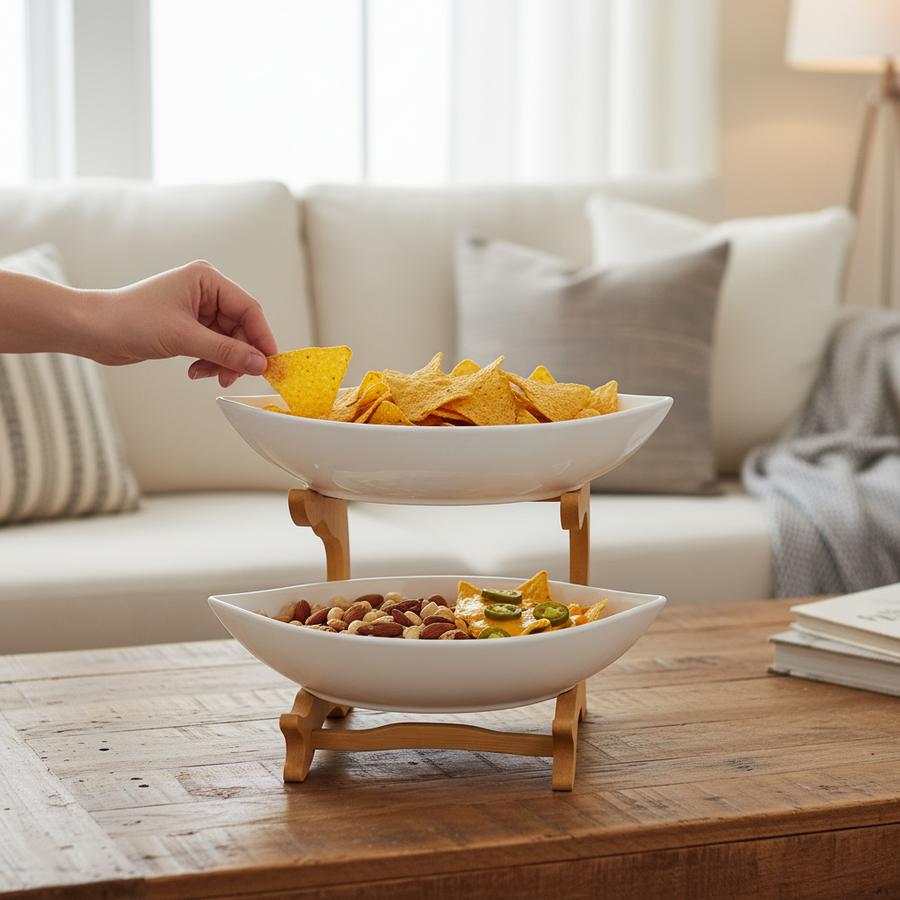 2-Tier Ceramic Serving Bowls with Wooden Stand