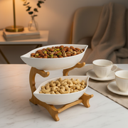 2-Tier Ceramic Serving Bowls with Wooden Stand