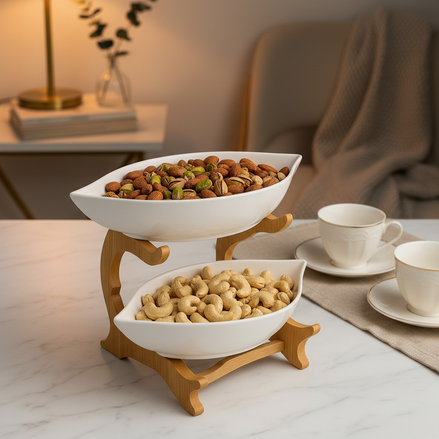 2-Tier Ceramic Serving Bowls with Wooden Stand