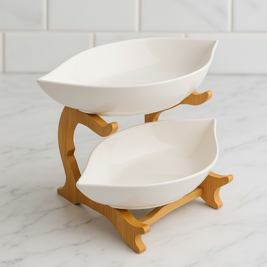 2-Tier Ceramic Serving Bowls with Wooden Stand