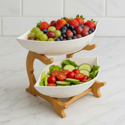 2-Tier Ceramic Serving Bowls with Wooden Stand