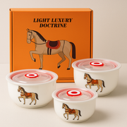 Coral Tree Ceramic 3-Piece Lunch Box / Bowl Set with Airtight Lids – Horse Print Design – Microwave & Refrigerator Safe