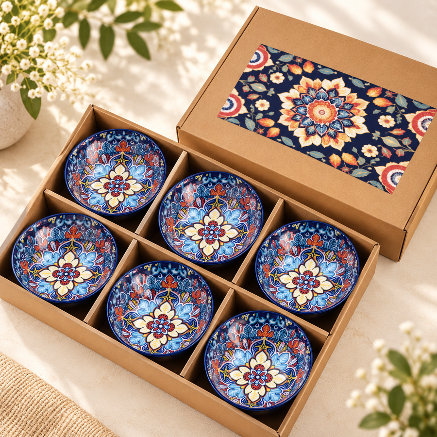 Coral Tree Multicolour Floral Ceramic Serving Bowls with Decorative Gift Box – Set of 6