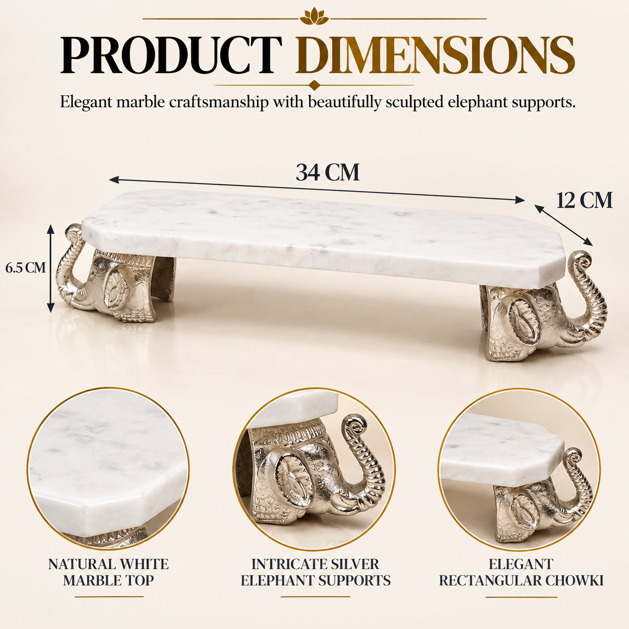 Marble Chowki with Aluminum cast legs for Pooja  Style 2