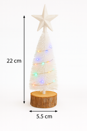 Mini White LED Christmas Tree with Wooden Base Set of 2