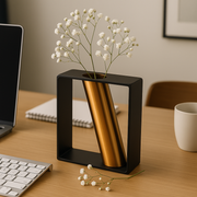 Modern Metal Frame Flower Vase with Golden Tube | Tabletop Decorative Centerpiece for Dining Table, Living Room & Office | (15 x 17 x 6 cm)