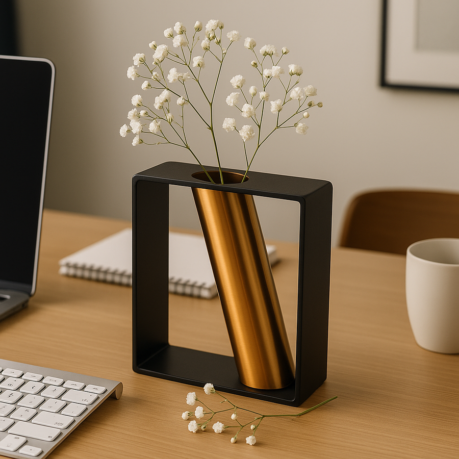 Modern Metal Frame Flower Vase with Golden Tube | Tabletop Decorative Centerpiece for Dining Table, Living Room & Office | (15 x 17 x 6 cm)