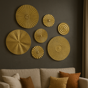 Golden Metal Wall Plate Set – 7 Round Decorative Wall Hangings for Bedroom, Living Room & Hall