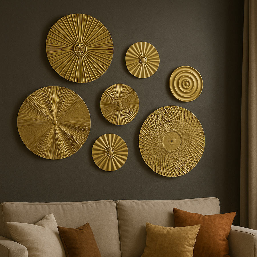 Golden Metal Wall Plate Set – 7 Round Decorative Wall Hangings for Bedroom, Living Room & Hall