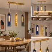 Coral Tree Blue, Amber & Smoke Glass 3-Light Linear Pendant Light with Gold Finish | Adjustable Hanging Ceiling Lamp