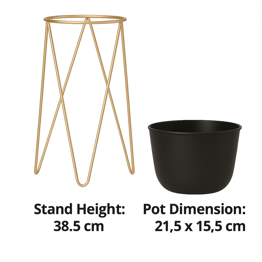 Metal Planter with Golden Stand – Black Pot, 38.5 cm