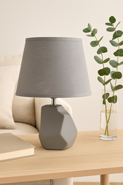 Modern Geometric Ceramic Table Lamp – Beige & Gray Finish with Off-White Shade