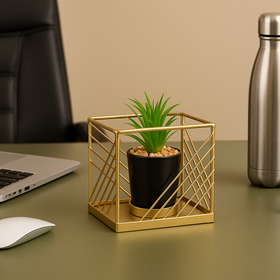 Artificial Tabletop Planter with Golden Metal Frame & Black Pot