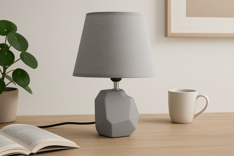 Modern Geometric Ceramic Table Lamp – Beige & Gray Finish with Off-White Shade