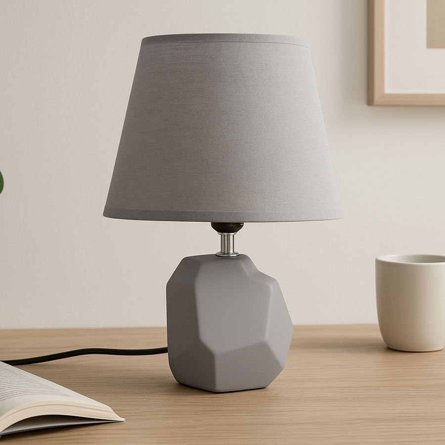 Modern Geometric Ceramic Table Lamp – Beige & Gray Finish with Off-White Shade