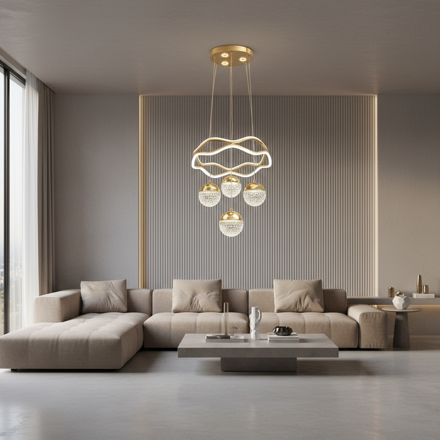 Modern LED Crystal Ring Chandelier with 4 Globe Pendants | 3-Color Light | Adjustable Height