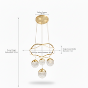 Modern LED Crystal Ring Chandelier with 4 Globe Pendants | 3-Color Light | Adjustable Height