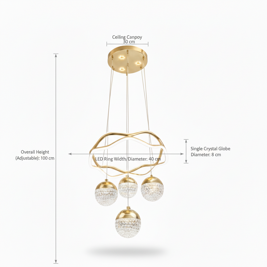 Modern LED Crystal Ring Chandelier with 4 Globe Pendants | 3-Color Light | Adjustable Height