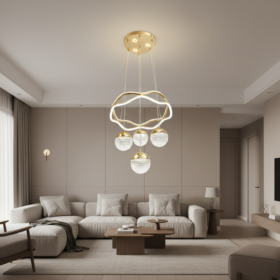 Modern LED Crystal Ring Chandelier with 4 Globe Pendants | 3-Color Light | Adjustable Height