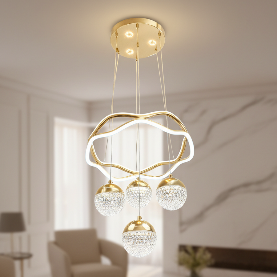 Modern LED Crystal Ring Chandelier with 4 Globe Pendants | 3-Color Light | Adjustable Height