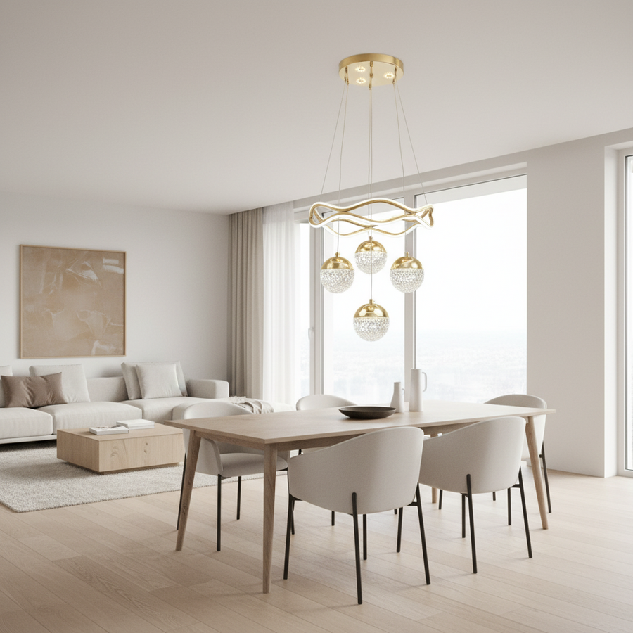 Modern LED Crystal Ring Chandelier with 4 Globe Pendants | 3-Color Light | Adjustable Height