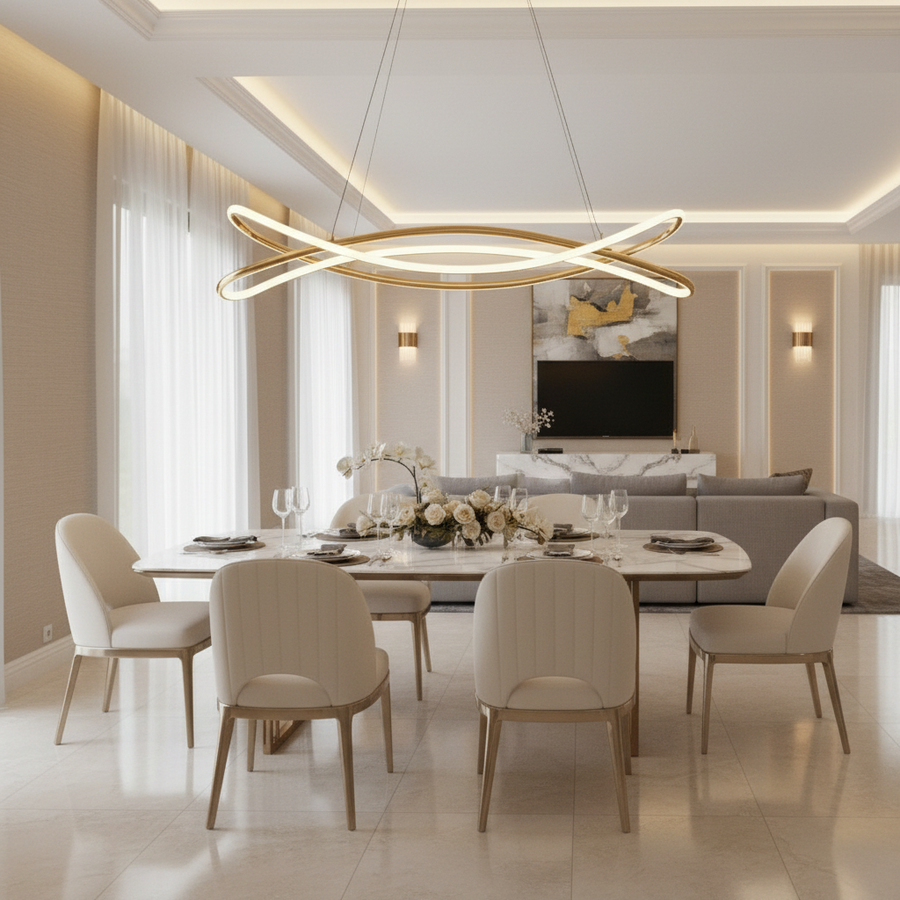 Modern Sculptural LED Chandelier in Gold Finish | Contemporary Hanging Ceiling Light