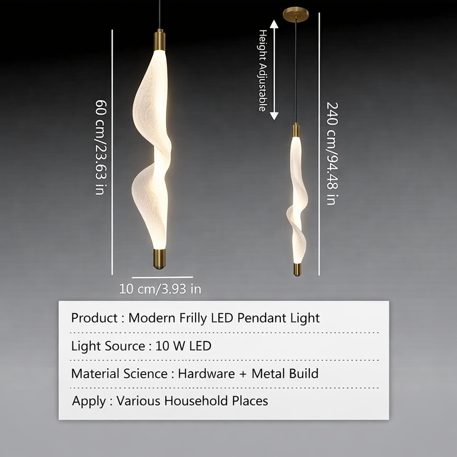 Modern Frilly LED Pendant Light | Off-White Warm Glow | Adjustable Hanging Light with Black Wire & Golden Ceiling Plate | 10W LED