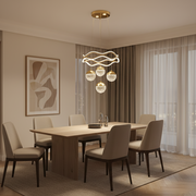 Modern LED Crystal Ring Chandelier with 4 Globe Pendants | 3-Color Light | Adjustable Height