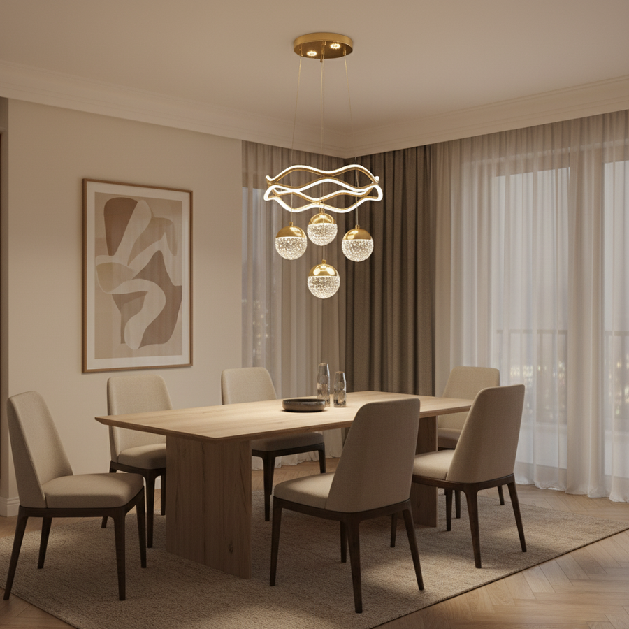 Modern LED Crystal Ring Chandelier with 4 Globe Pendants | 3-Color Light | Adjustable Height