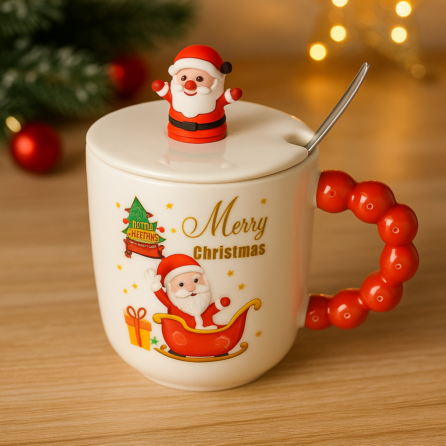 Christmas Ceramic Mug with Lid & Spoon | 350 ML Santa Mug with Red Handle | Merry Christmas Gift Cup for Coffee