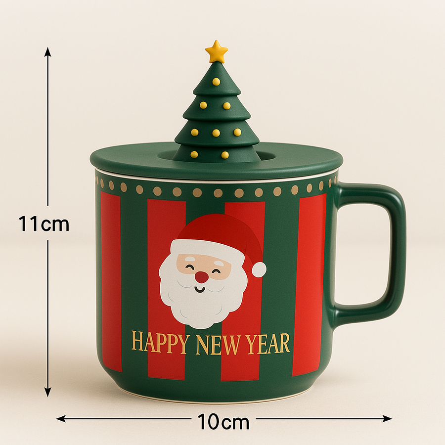 Christmas Ceramic Mug Set with 3D Lid – 300ml Festive Mug with Silicone Lid