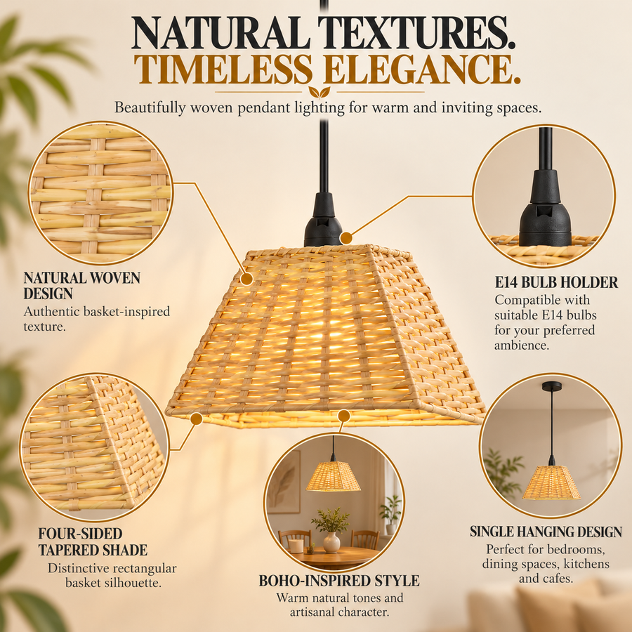 Coral Tree Natural Woven Rattan Hanging Pendant Light – Beige Boho Basket Shade | E14 Holder