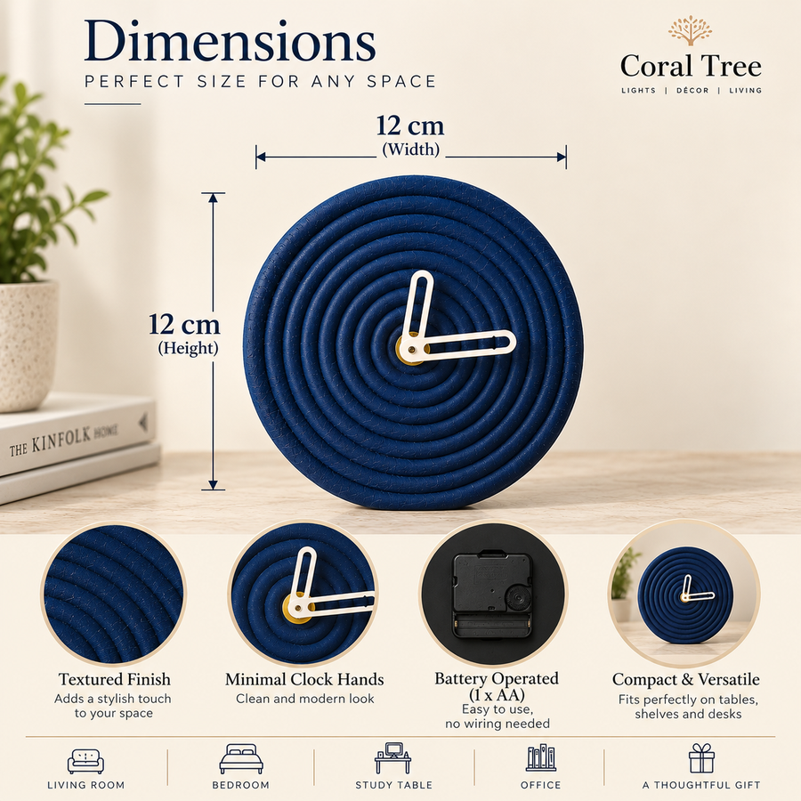 Coral Tree Modern Round Table Clock, 12 cm Decorative Textured Desk Clock with Minimalist Hands & Stable Stand, Battery Operated Small Clock for Bedroom, Living Room, Study, Office & Gifting