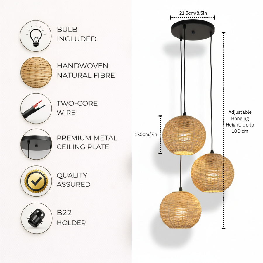Coral Tree Triple Rattan Cluster Pendant Light – Handwoven Hanging Ceiling Lamp with Adjustable Black Cords