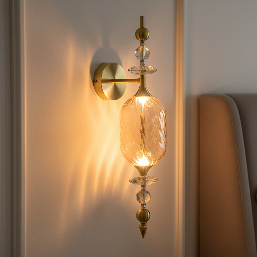 Luxury Amber Glass Integrated LED Wall Light with Crystal Accents – Antique Brass Finish