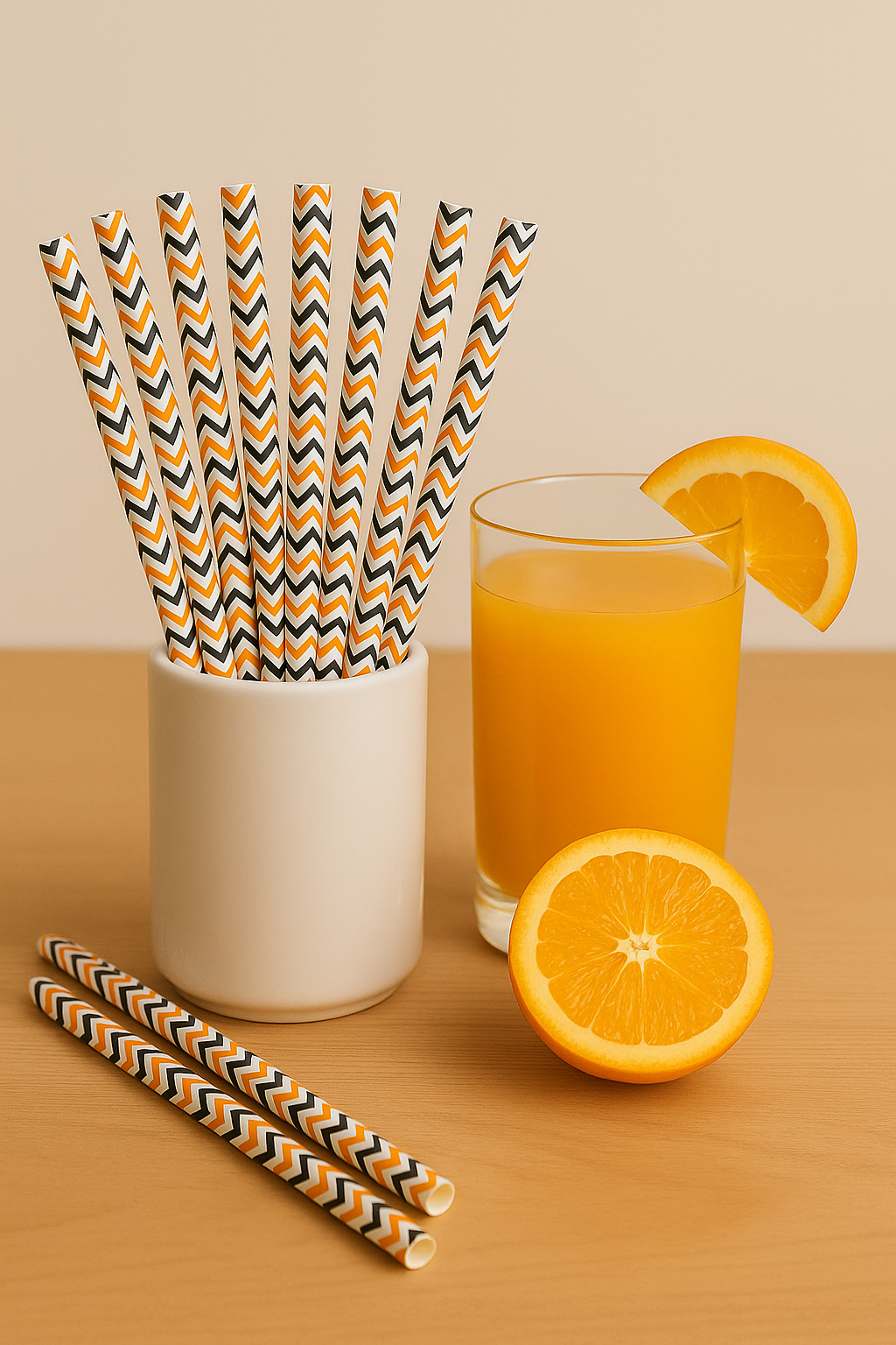 Halloween Chevron Paper Straws – 50 Pcs – White with Orange & Black Zigzag Print