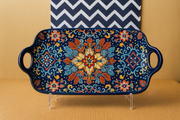 Handcrafted Blue Floral Ceramic Serving Tray – 30 x 17 x 5 cm