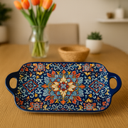Handcrafted Blue Floral Ceramic Serving Tray – 30 x 17 x 5 cm