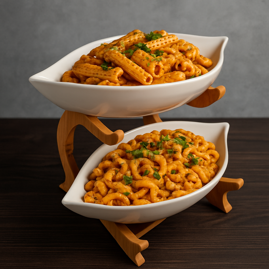 2-Tier Ceramic Serving Bowls with Wooden Stand | Snack & Salad Server | Modern Tableware