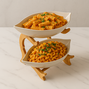 2-Tier Ceramic Serving Bowls with Wooden Stand | Snack & Salad Server | Modern Tableware