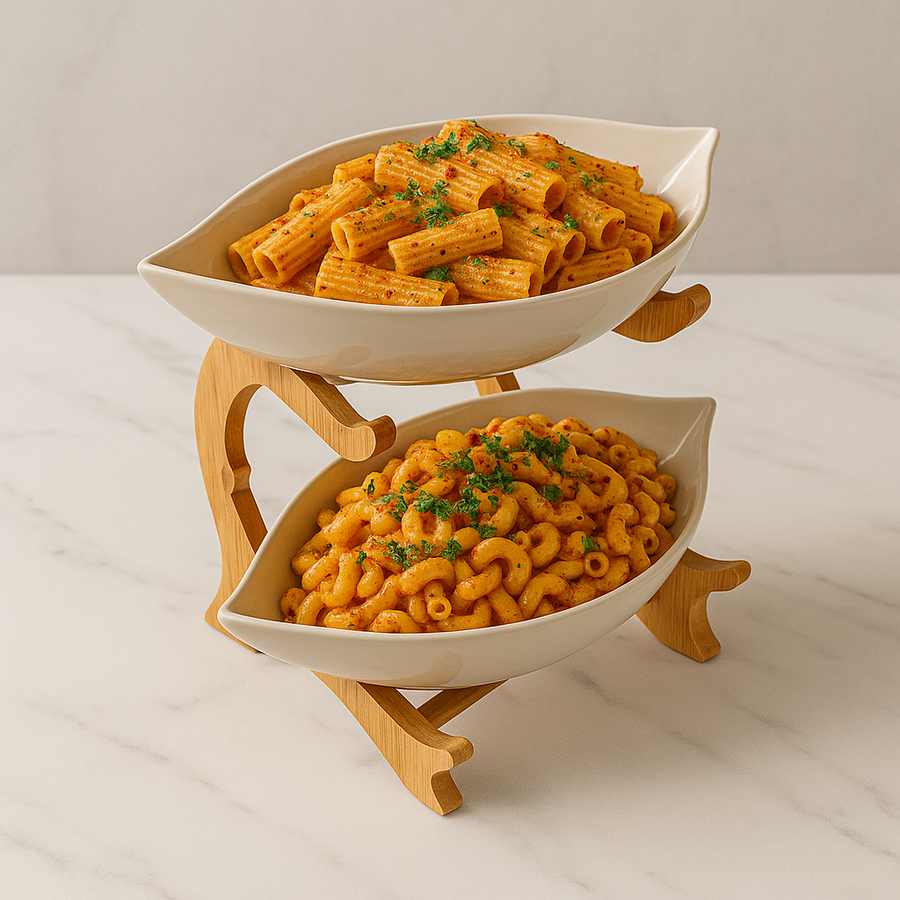 2-Tier Ceramic Serving Bowls with Wooden Stand | Snack & Salad Server | Modern Tableware