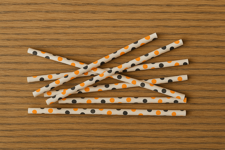 Halloween Polka Dot Paper Straws – 50 Pcs – Orange & Black Dots on Cream Base