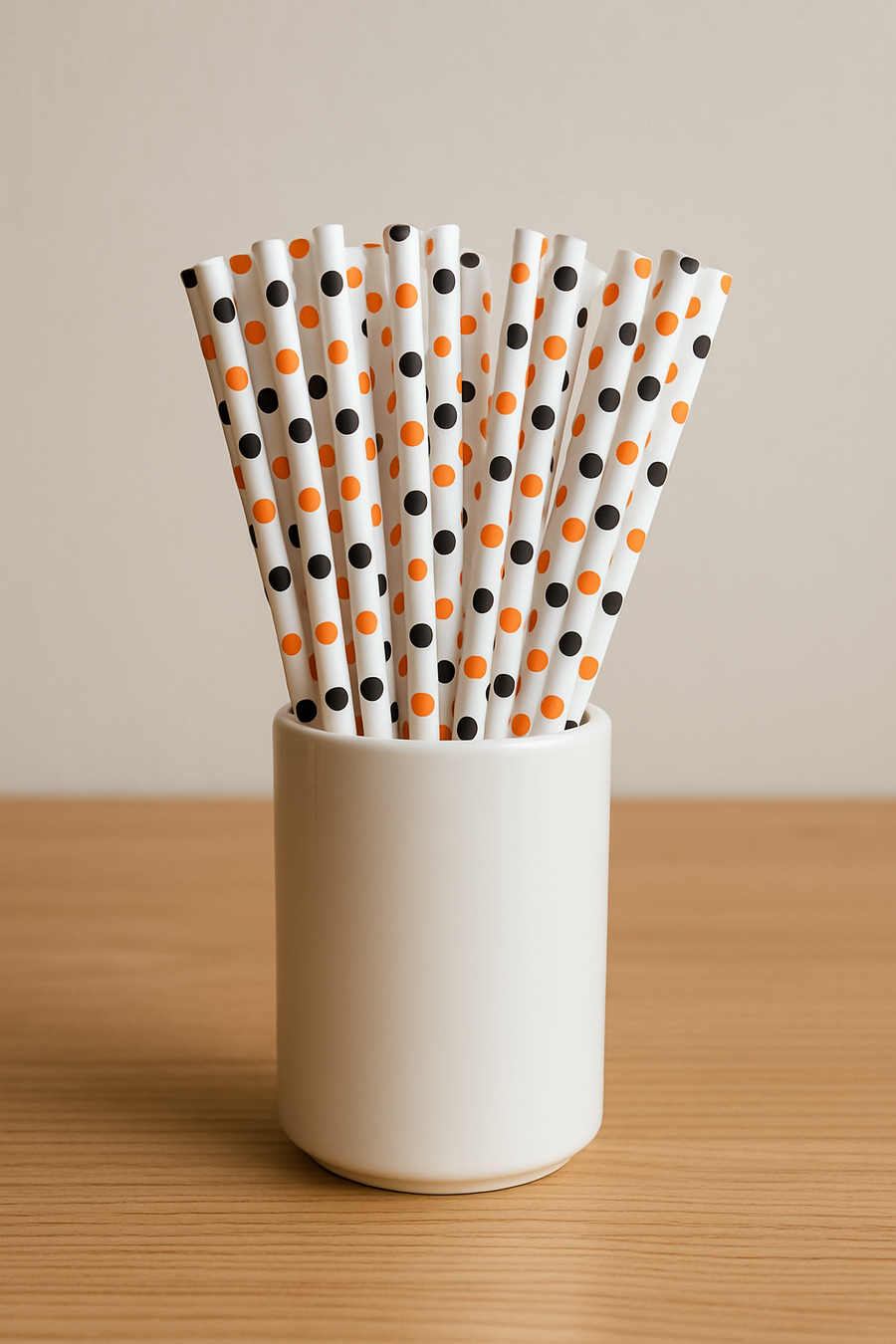 Halloween Polka Dot Paper Straws – 50 Pcs – Orange & Black Dots on Cream Base