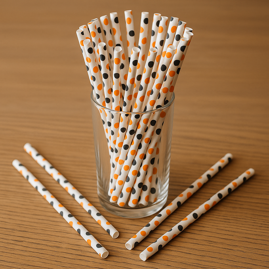 Halloween Polka Dot Paper Straws – 50 Pcs – Orange & Black Dots on Cream Base