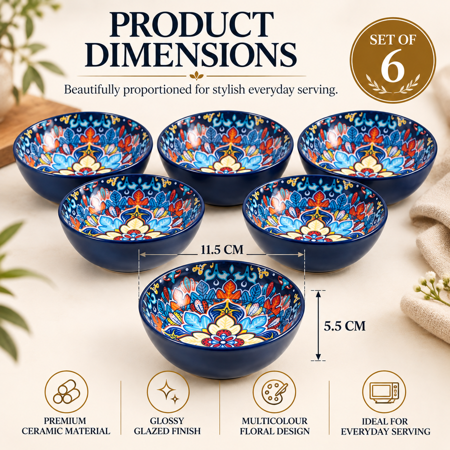 Coral Tree Multicolour Floral Ceramic Serving Bowls with Decorative Gift Box – Set of 6